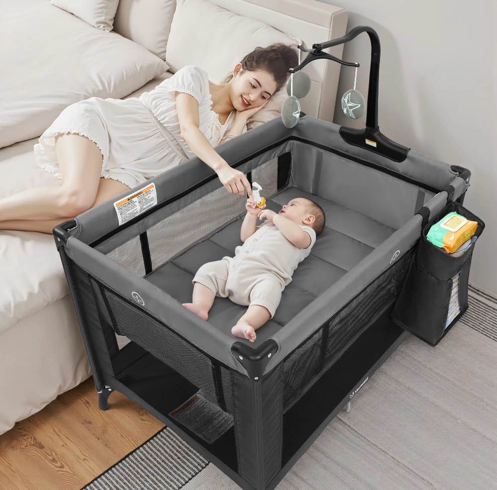 vomeast baby playard baby bassinet,portable crib pack and play with toy bar,foldable play yard(grey)