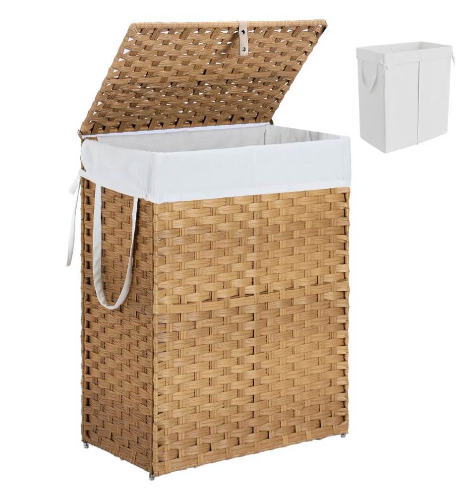 edx laundry basket with lid  90 l hand-woven pp rattan laundry basket with handle  foldable  removable liner  natural