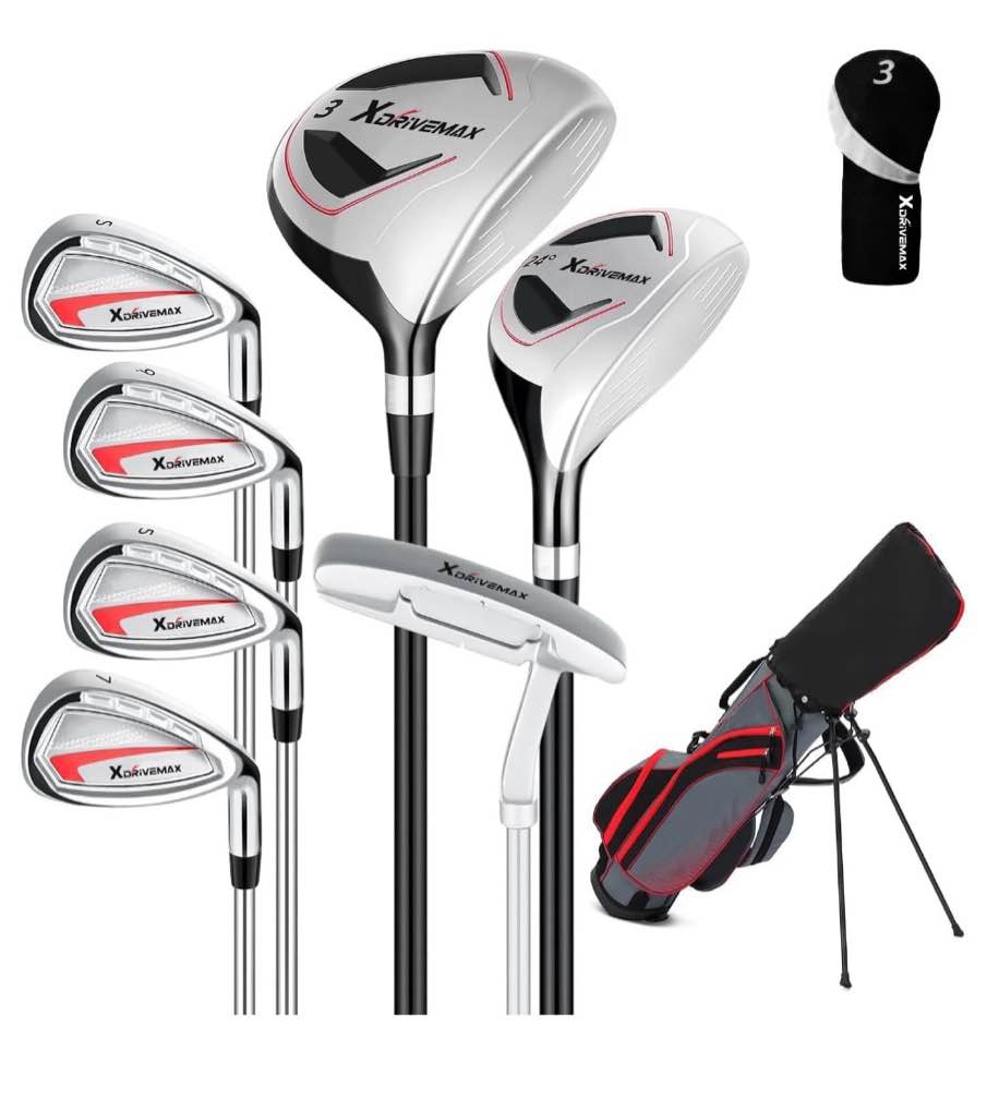 xdrivemax 8-pieces complete golf club set for men includes stand bag with rain hood , fairway wood head covers, hybrid, irons and putter, red-left handed