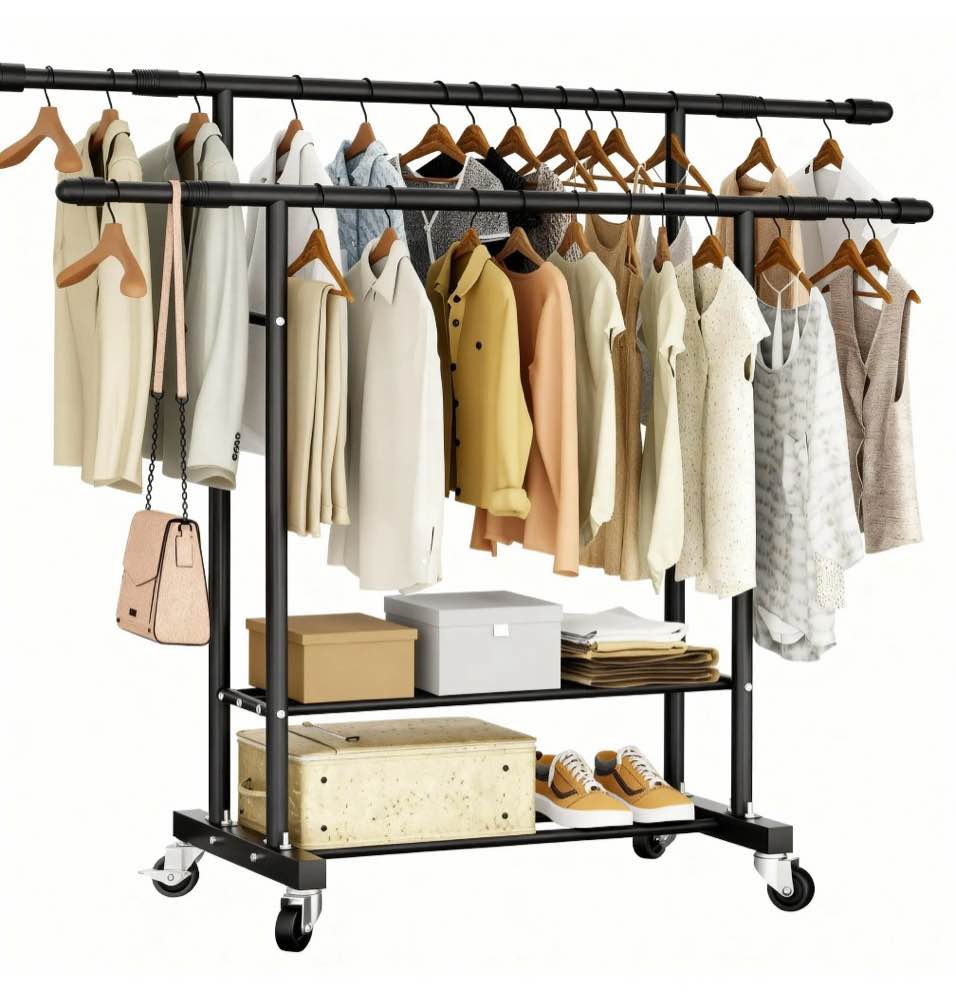 flngr heavy duty clothes rack clothing racks with 4 hooks and storage shelves double garment rack for clothes  coats  bags  shoes  boots