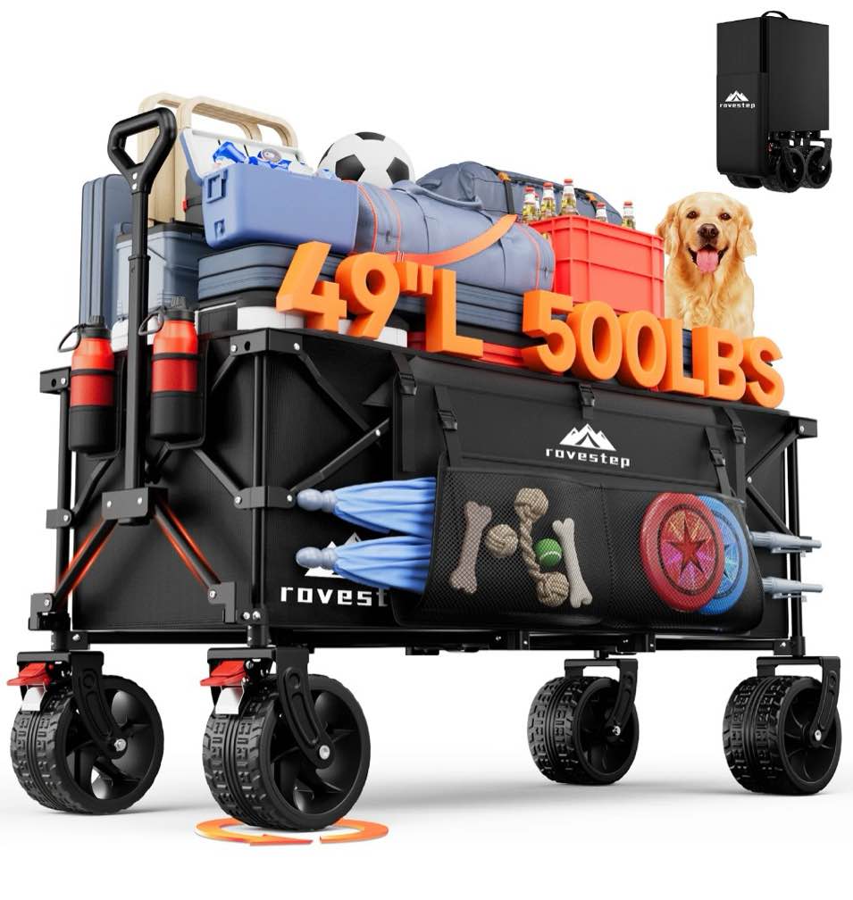 rovestep 49"l collapsible foldable extended wagon with 500lbs weight capacity,300l heavy duty beach cart