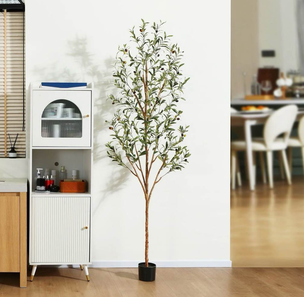 7 ft artificial olive plants with realistic leaves and natural trunk, silk fake olive tree in black plastic pot, faux olive tree for office home
