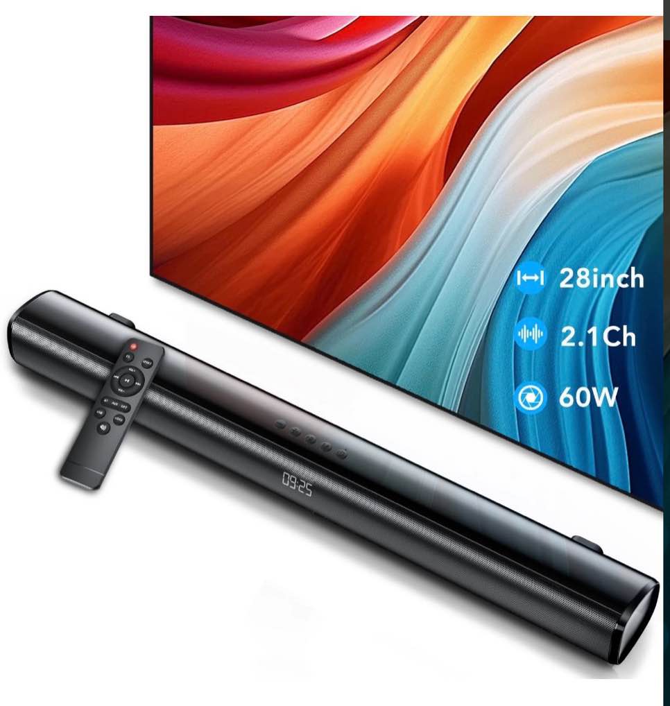 sound bar for tv, 60w soundbar tv speakers, 2.1 ch home theater with subwoofer boost, 3 equalizer modes, soundbar for tv/pc/gaming/projectors, bluetooth, opt, cox, usb & aux wall mountable