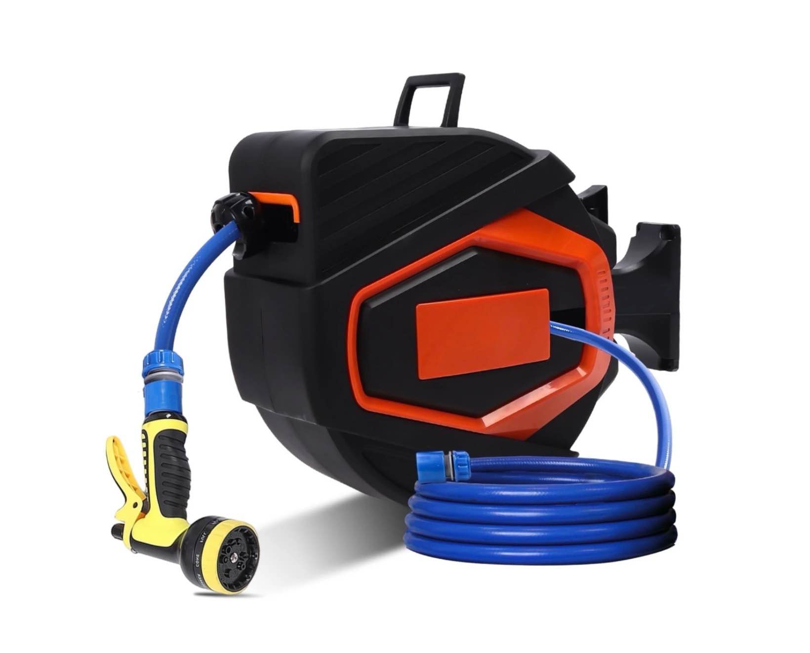 retractable garden hose reel 5/8 in x 100 ft automatic wall mounted water hose with 10 pattern nozzle any length lock slow retraction 180° swivel