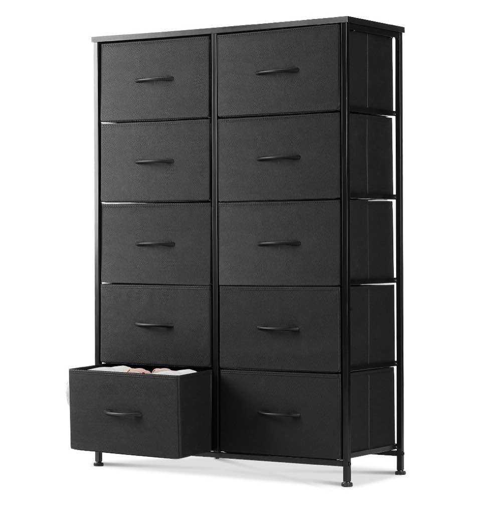 EDX 10 Drawer Dresser, Wide Chest of Drawers Nightstand Storage Tower Storage Fabric Dresser with Wood Top for Living Room, Bedroom, Hallway, Black