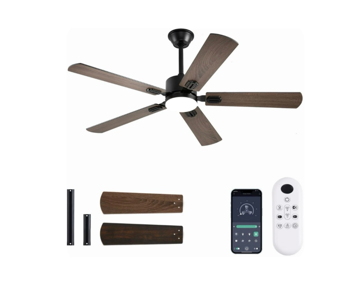 56inch Modern Brown Ceiling Fans with Lights and Remote/App Control Dimmable LED Reversible DC Motor Noiseless 6 Speeds 6 Pieces Blade Low Profile