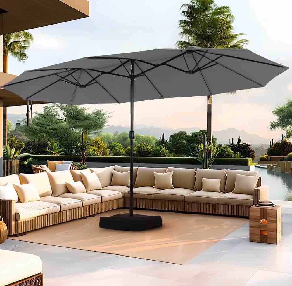 Summit Living 15 ft Large Patio Umbrella with Base (Included) Double-Sided Rectangular Outdoor Deck Umbrella for Outside - Smoky Gray