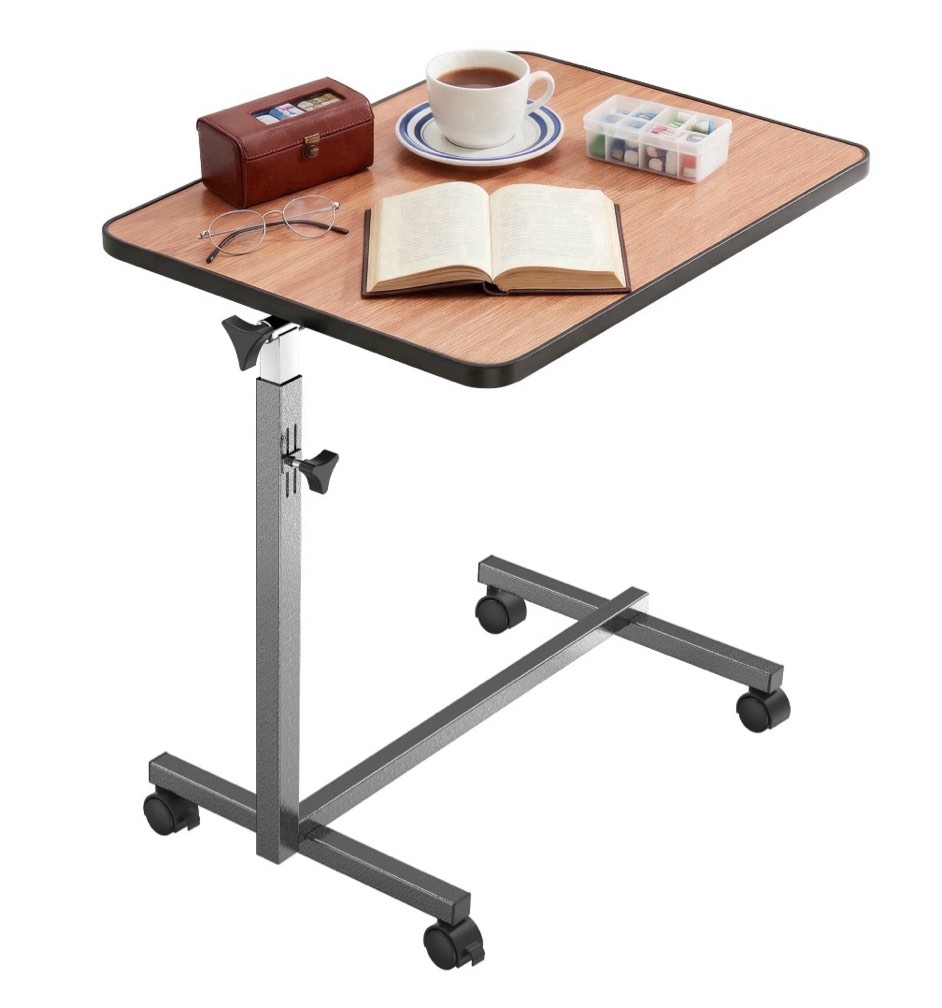 KEKOY Adjustable Overbed Bedside Table with Wheels  Rolling Laptop Side Tilt Table with Adjustable Height for Hospital and Home Use  Walnut Brown