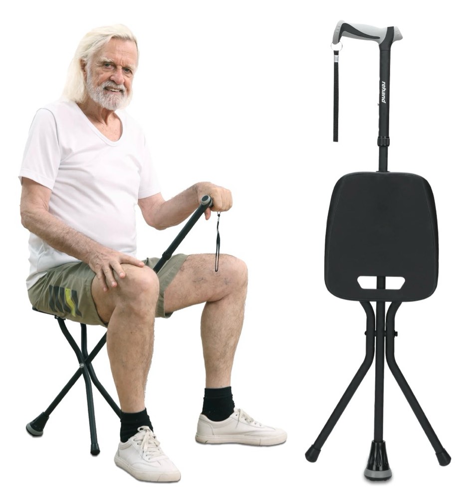 Rehand 5PCS Folding Adjustable Walking Cane with Rubber Feet, Lightweight Aluminum Stick with Seat, Black