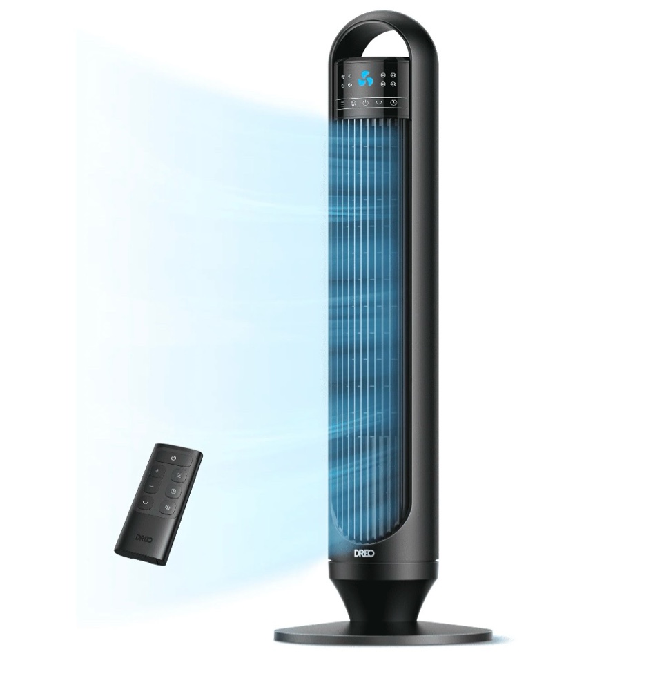 DREO Tower Fans for Home, 32" Standing Floor Fan, 26 ft/S Bladeless Fan with Remote, 90° Oscillating, 3 Modes, 3 Speeds, LED Display, 8H Timer, Quiet Room Fan