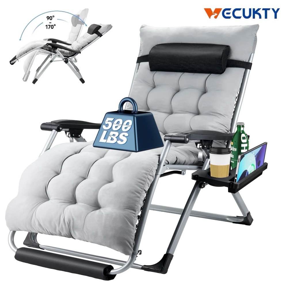 vecukty xl oversize zero gravity chair - 500lb capacity, 29-inch wide padded seat, folding travel recliner for outdoor / indoor use - patio, lawn,grey,portable and heavy duty