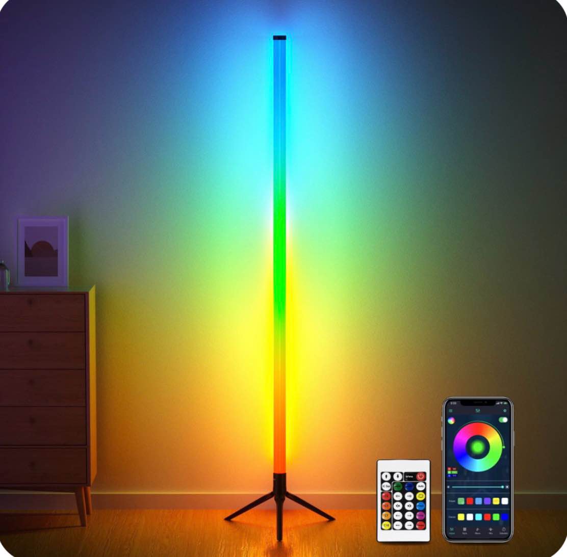 daybetter led corner floor lamp 1.6 meters 360°color changing lamp with bluetooth app  remote control  music sync  16 million diy colors & timing black  for living room gaming room?1pack?