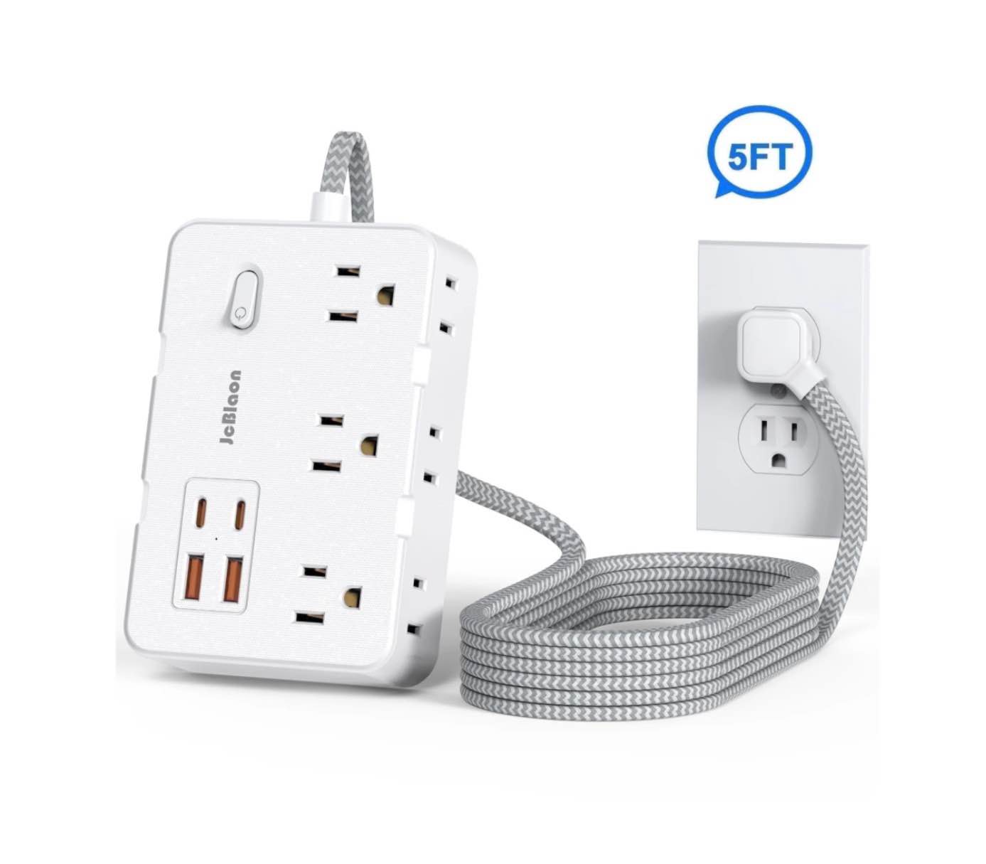 surge protector power strip 5 ft cord outlet extender ultra thin flat extension braided cord with 6 outlets 4 usb ports(2 usb c) for indoor
