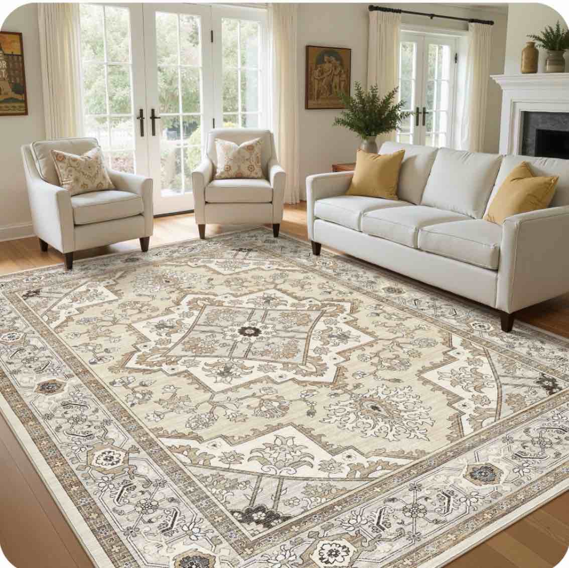 uermei 10 x14  washable area rugs for living room  vintage floral boho printed carpet  non slip indoor rug for bedroom home decor carpets - camel