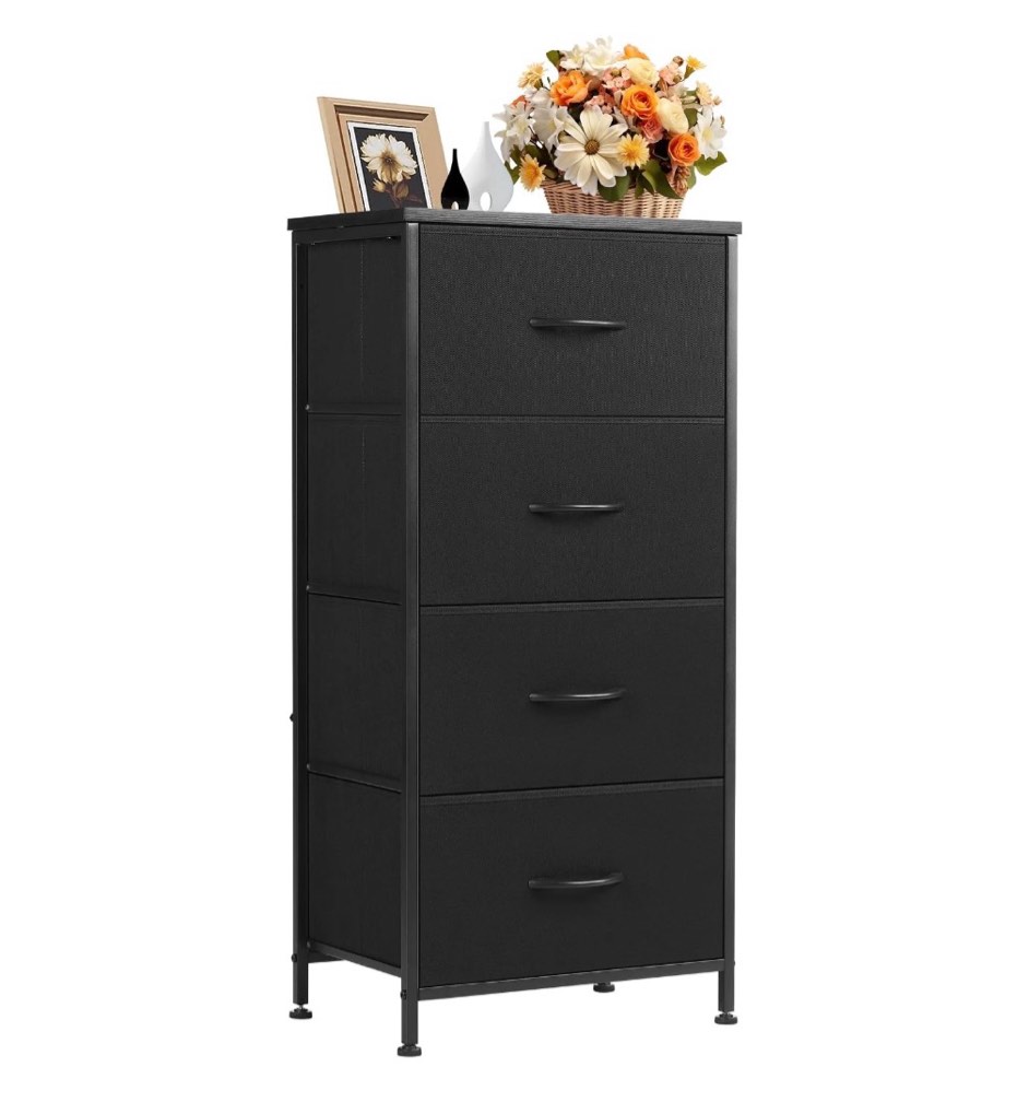 concetta 4 drawer dresser, wide chest drawers nightstand storage tower storage fabric dresser with wood top for living room, bedroom, closet, black