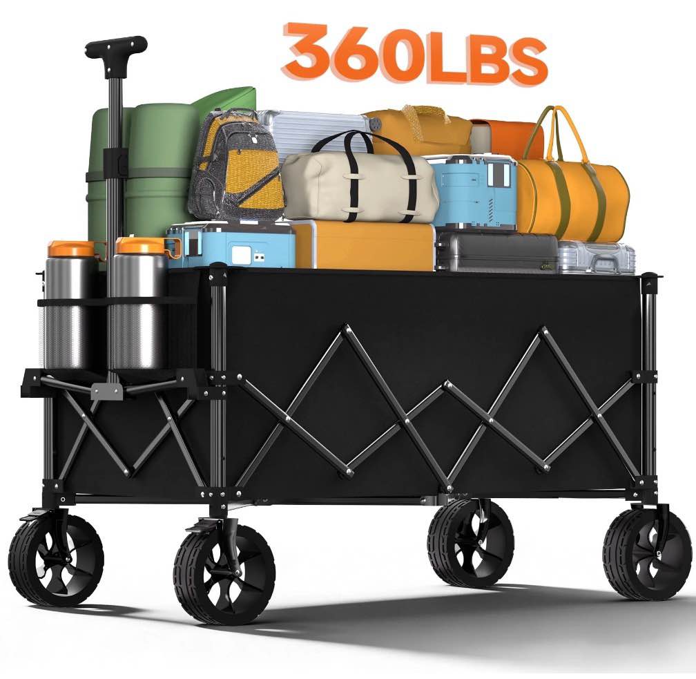 favoyard extra large collapsible wagon 220l & 360lbs, heavy duty wagon carts foldable, portable folding wagons with all - terrain wheels, for grocery camping beach shopping garden, black
