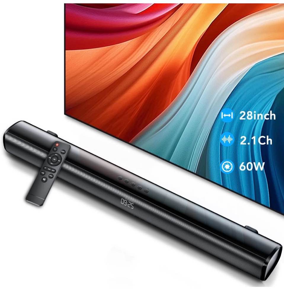 sound bar for tv, 60w soundbar tv speakers, 2.1 ch home theater with subwoofer boost, 3 equalizer modes, soundbar for tv/pc/gaming/projectors, bluetooth, opt, cox, usb & aux wall mountable