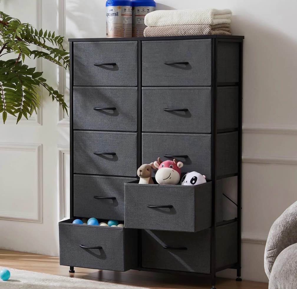edx 10 drawer fabric dresser for bedroom, chest of drawer organizer storage cabinet for closet, entryway, grey