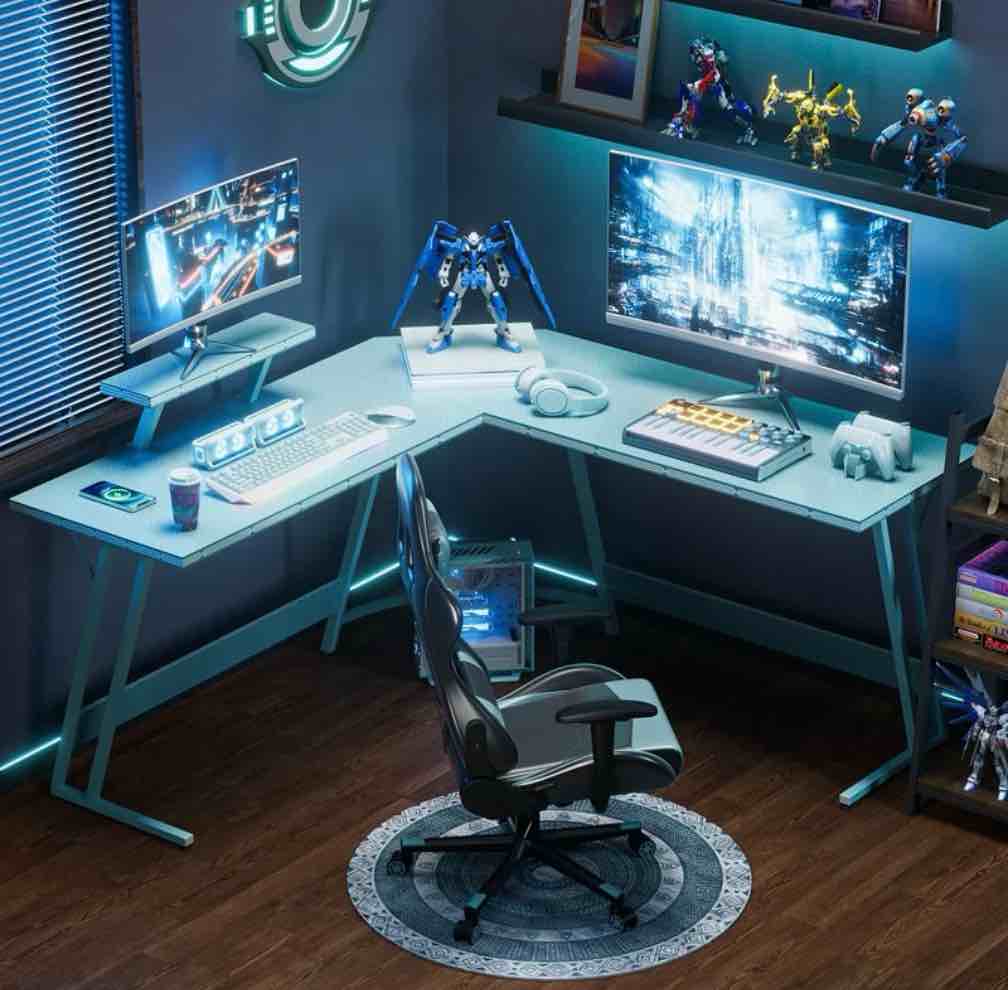 homall l-shaped gaming desk 51.2 inches corner office gaming desk with removable monitor riser, blue