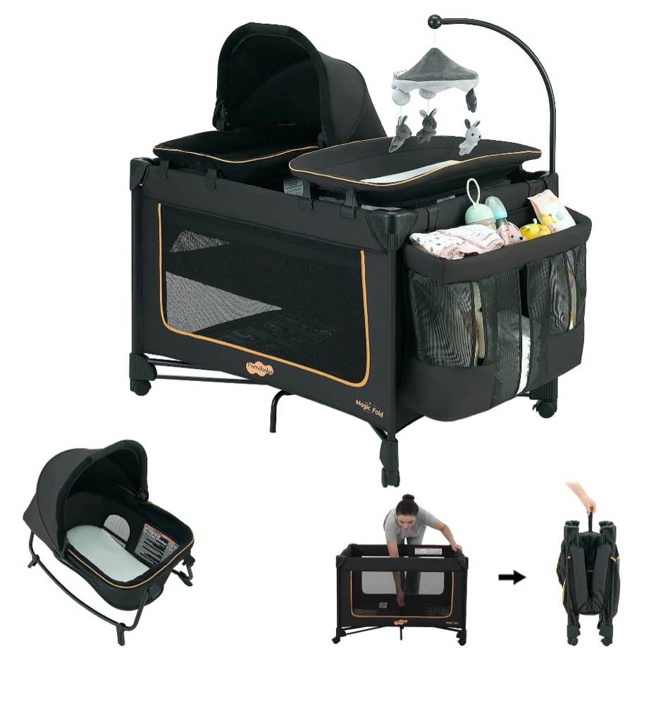pamo babe baby playard magic fold 1 step bassinet & changing table for newborn, 4-panels (black)