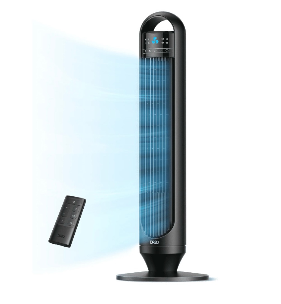 dreo tower fans for home, 32" standing floor fan, 26 ft/s bladeless fan with remote, 90° oscillating, 3 modes, 3 speeds, led display, 8h timer, quiet room fan