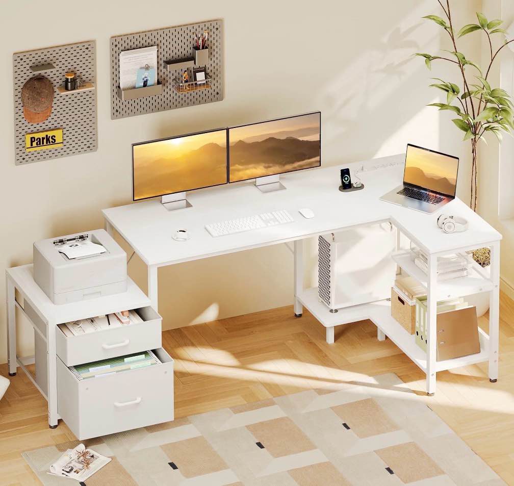 casacomoda 63 inch l shaped desk with power outlets, large computer desk with file drawer, home office desk with printer stand & storage shelves, corner desk, white
