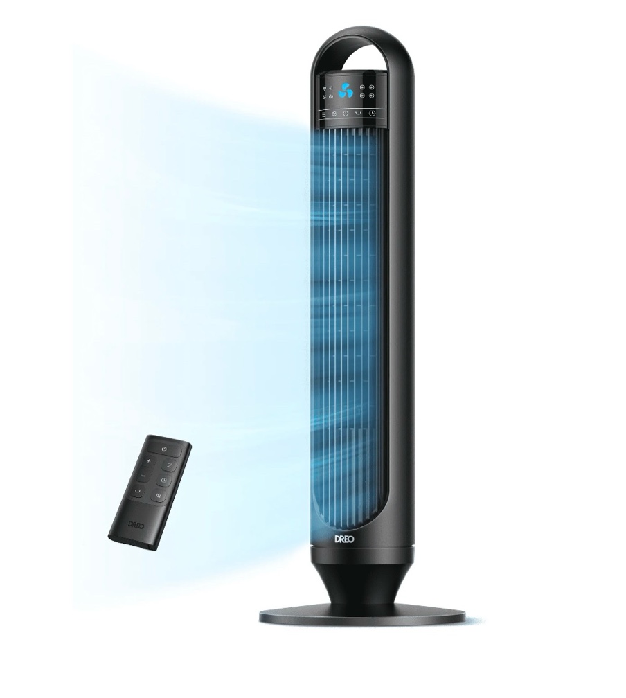 dreo tower fans for home, 32" standing floor fan, 26 ft/s bladeless fan with remote, 90° oscillating, 3 modes, 3 speeds, led display, 8h timer, quiet room fan