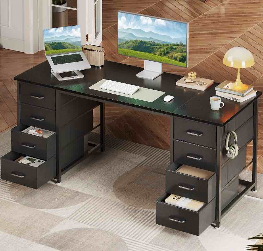 Black Computer Desk with Drawers for Storage - 55 inch Home Office Desk with 8 Fabric Drawers, Writing Study Desk with Drawers on Both Sides for Bedroom