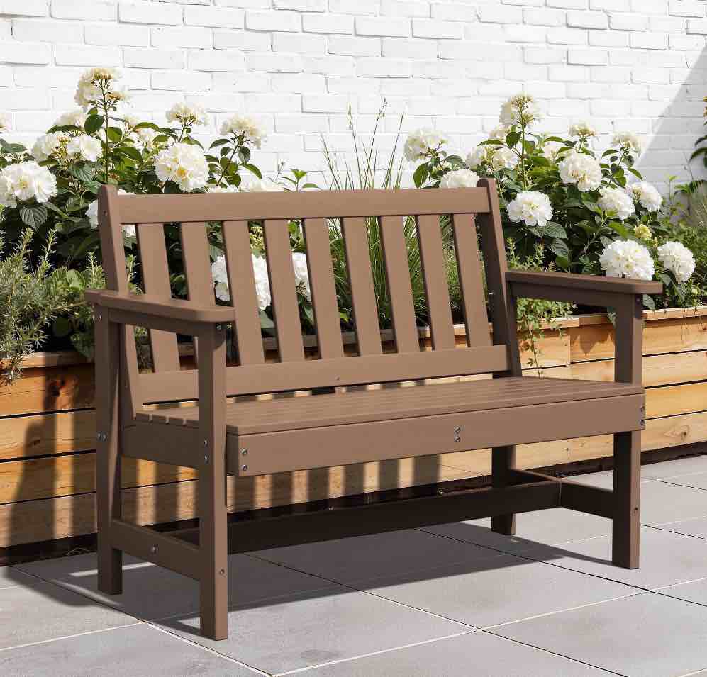 JUSTLET HDPE 48.8  2-Person Weather-Resistant Park Bench for Outdoor Use  with Wide Armrests and Backrest  Suit for Garden  Porch and Park  Brown