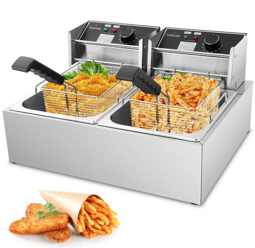 Commercial Deep Fryer - 3400W Electric Deep Fryers with 2x6.35QT Baskets 0.8mm Thickened Stainless Steel Countertop Oil Fryer 20.7QT Large Capacity with Temperature Limiter
