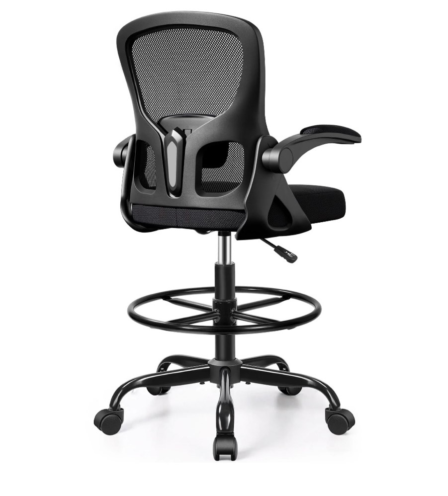 ATHOPE Office Chair Ergonomic Desk Chairs, Mesh Computer Chair with Flip-up Armrests, Adjustable Home Office Desk Chair with Lumbar Support Footrest Ring for Standing Desk, Black