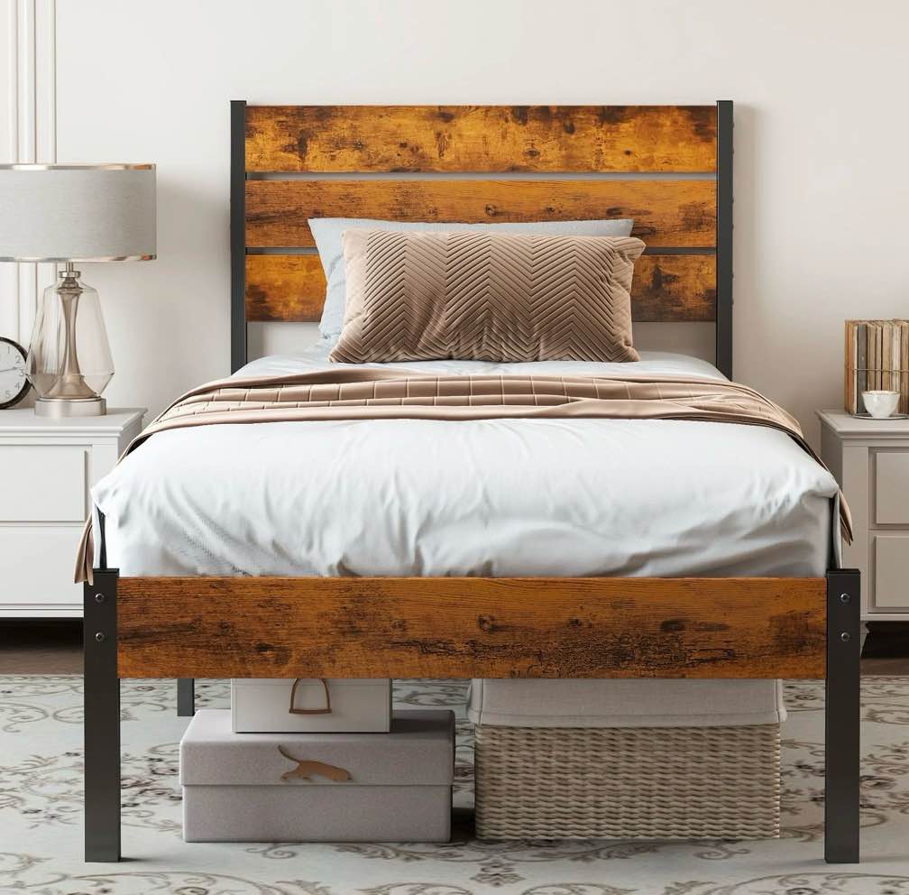 EDX Twin Size Metal Bed Frame with Industrial Wooden Headboard, Ample Storage, Noise-Free Design, Sturdy Steel Slat Support, Rustic Brown