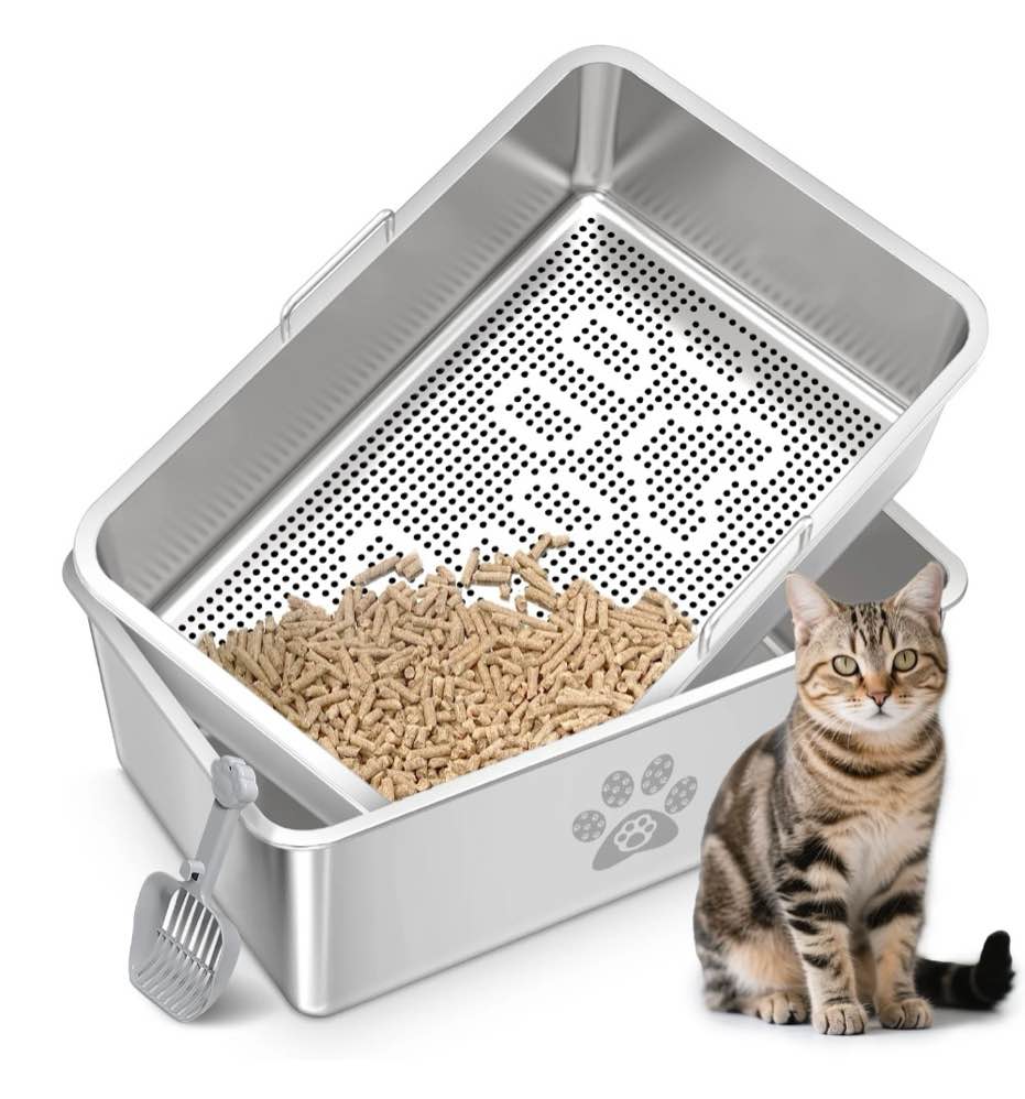 Ptlom Stainless Steel Sifting Litter Box for Pine Pellets 23.6" x 15.7" x 7.9", Extra Large Metal Litter Pan with Sifter