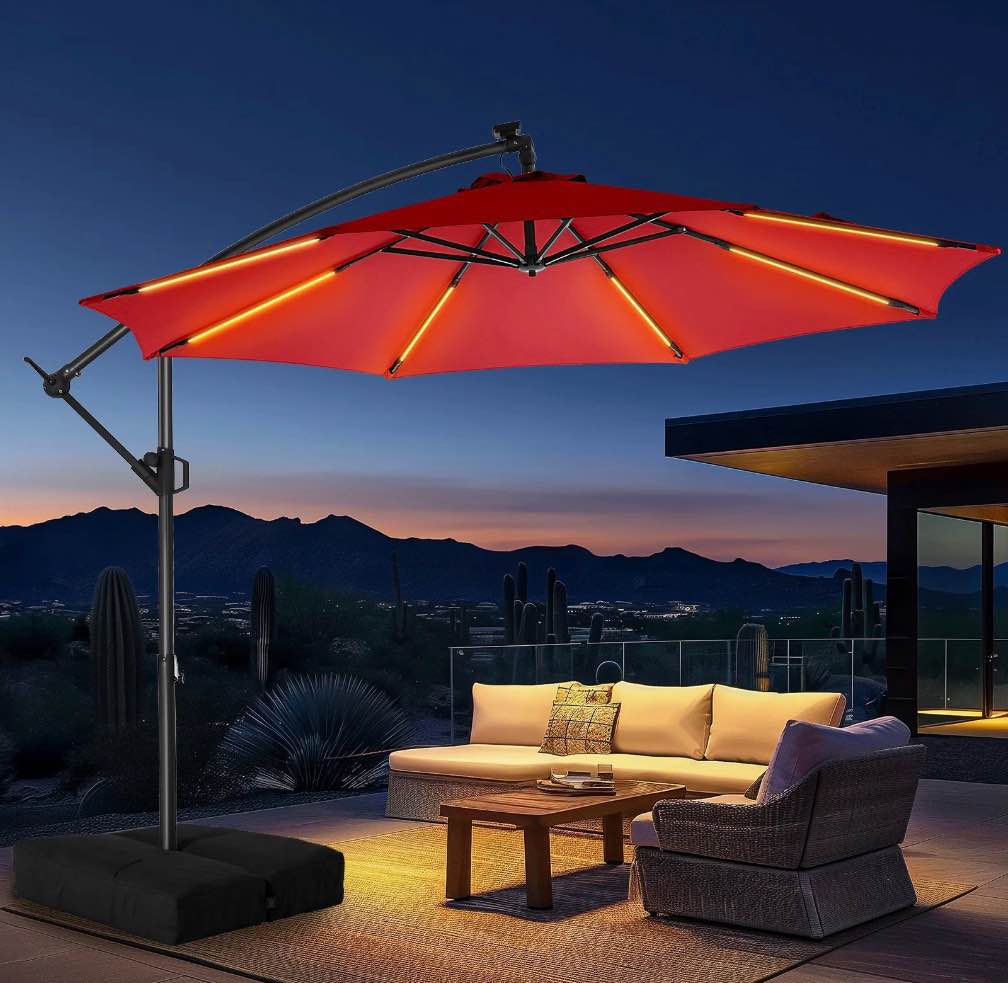 Patbrela 10ft Offset Patio Umbrella with Base, Cantilever Hanging Outdoor Umbrella with Solar Light Strips, Tilt Adjustment, Market Umbrella for Yard, Garden, Beach, Pool & Deck, Red