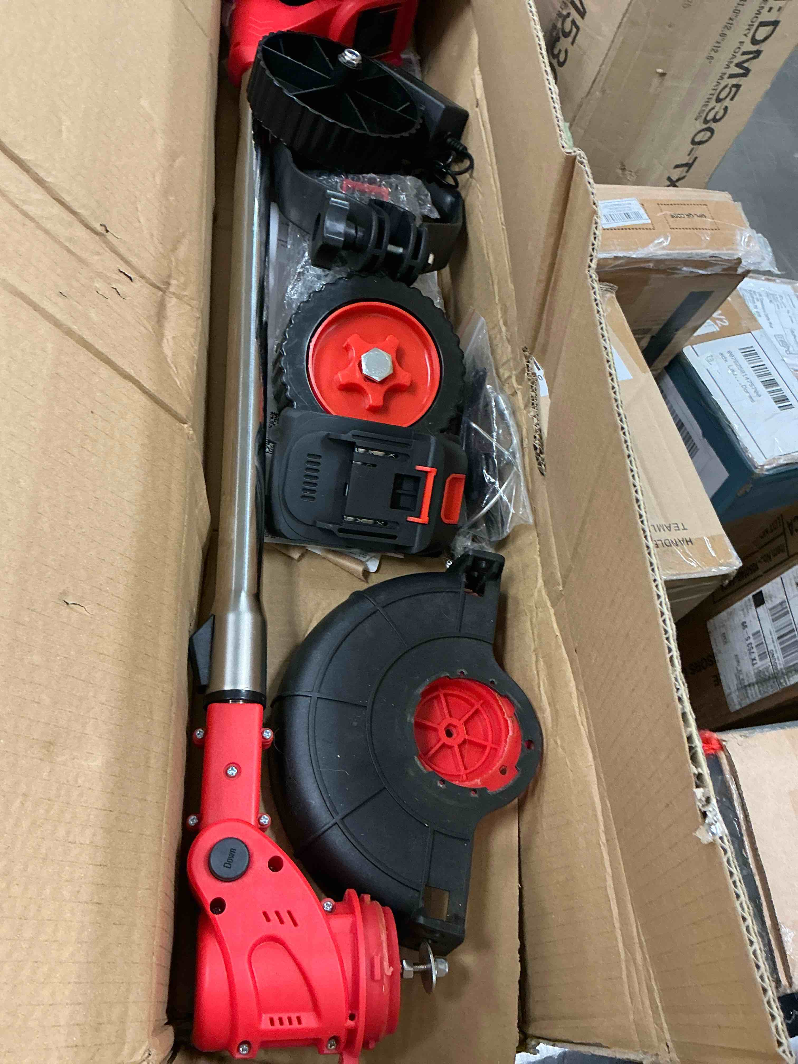 Condition photo showing Good Condition for tntants electric weed wacker cordless string trimmer with wheels 2pcs 24v batteries 3 types of blades adjustable length weed eater grass trimmer/edger/brush cutter for lawn yard garden (red)