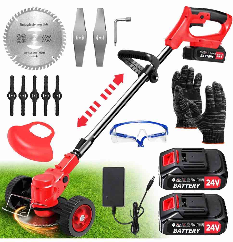 tntants electric weed wacker  cordless string trimmer with wheels  2pcs 24v batteries  3 types of blades  adjustable length  weed eater grass trimmer/edger/brush cutter for lawn yard garden (red)