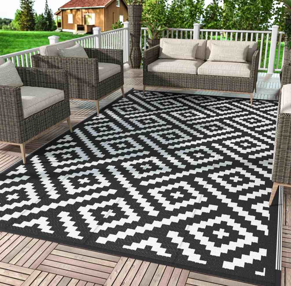 deorab outdoor rugs waterproof plastic straw mat 6'x9' reversible for rv patio deck beach black & white