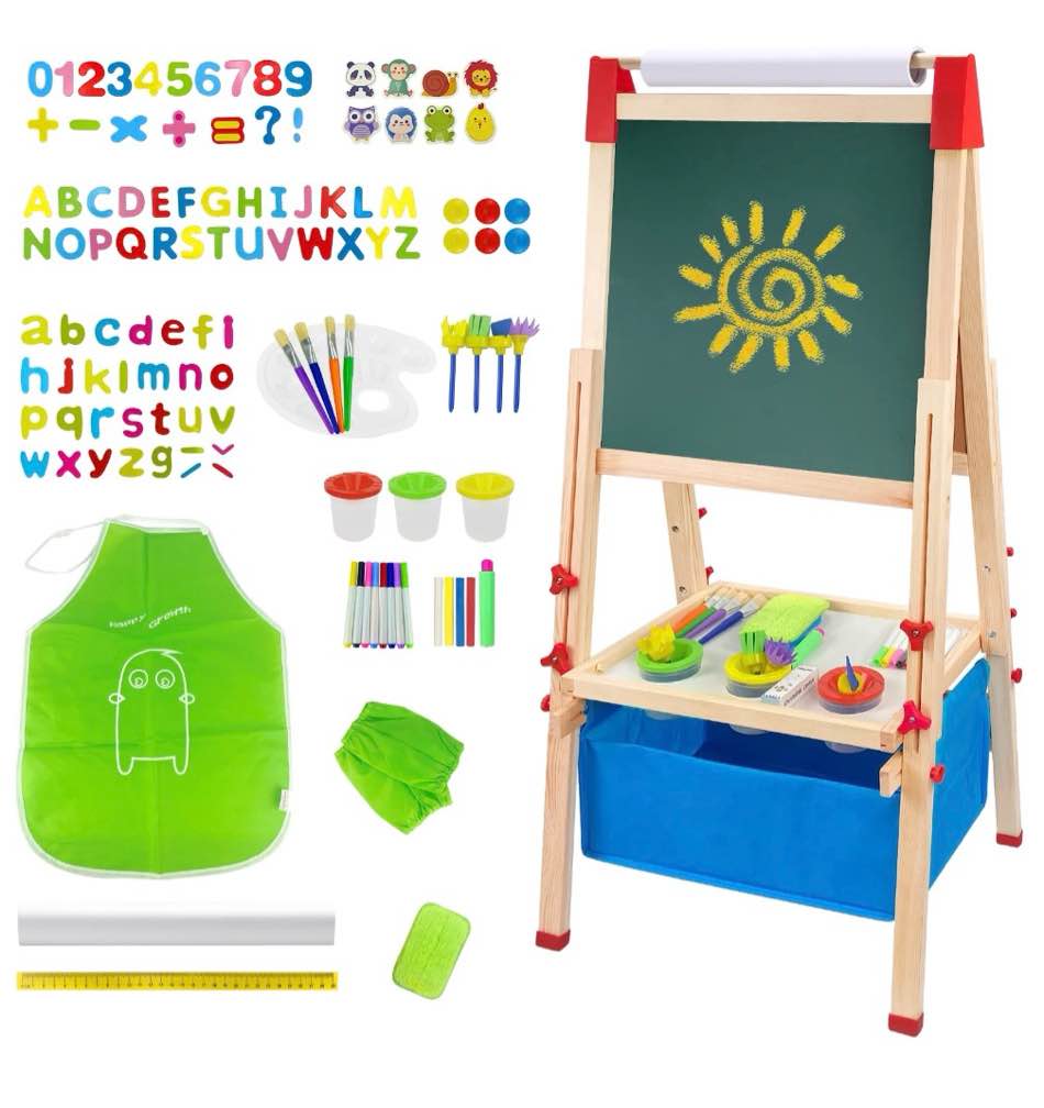 urban deco easel for kids wooden magnetic chalkboard &whiteboard for toddlers with paper roll, best christmas birthday holiday gifts