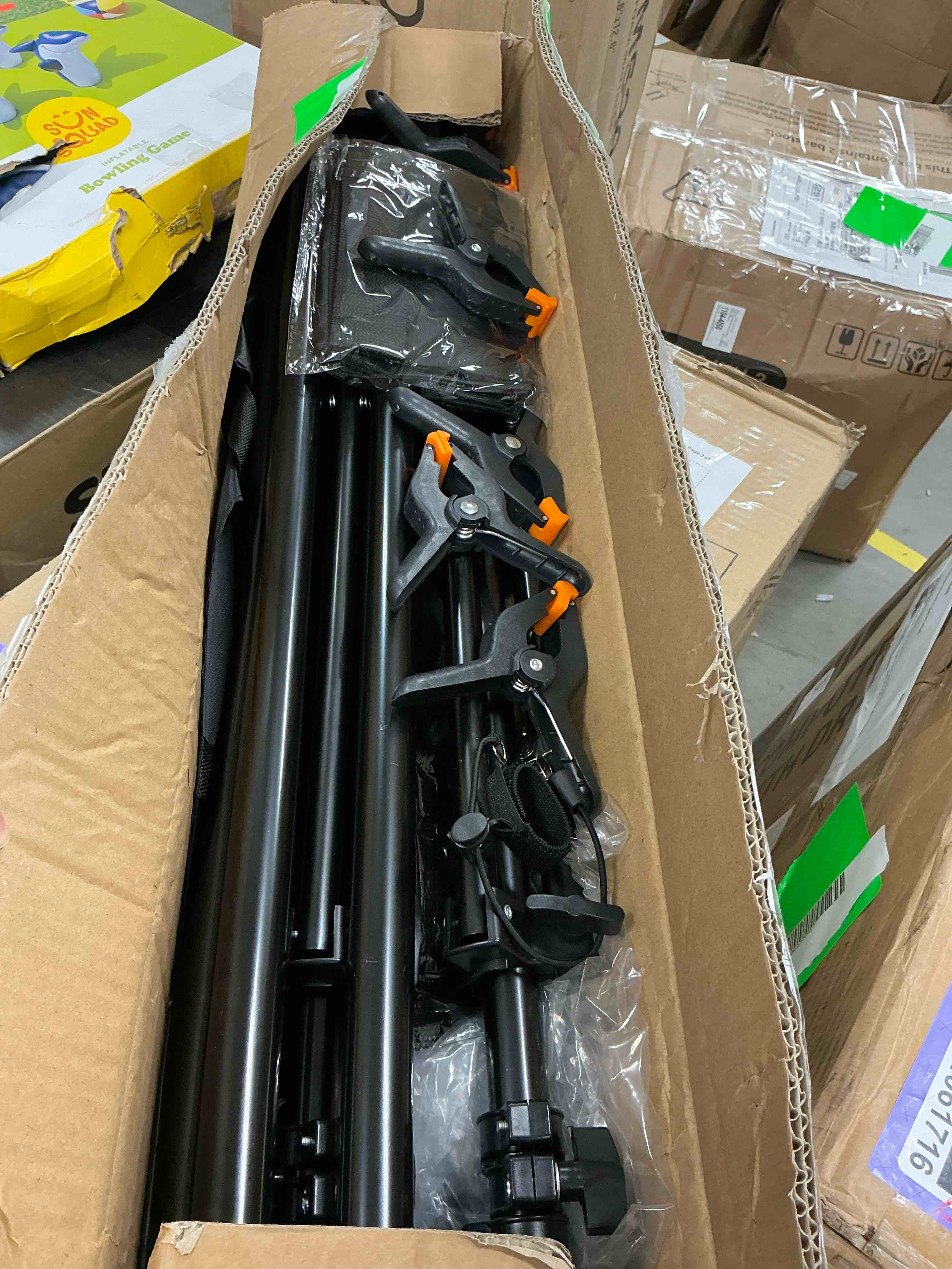 Condition photo showing Good Condition for reloive backdrop stand,10x7ft(wxh) photo studio adjustable background stand support kit with 8 clamps, 2 sandbags,4 string clips,and carry bag for parties, events decoration, wedding, photography