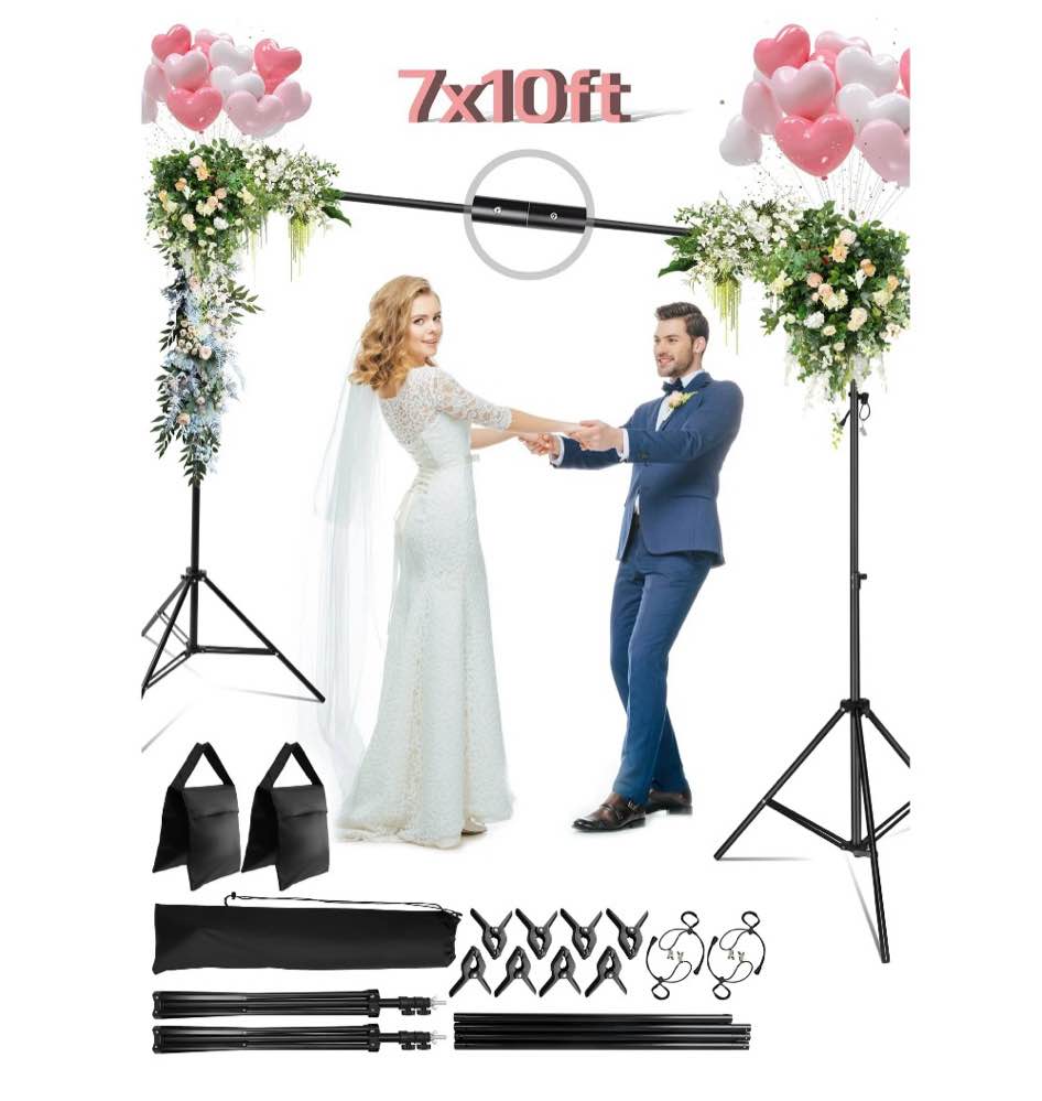 reloive backdrop stand,10x7ft(wxh) photo studio adjustable background stand support kit with 8 clamps, 2 sandbags,4 string clips,and carry bag for parties, events decoration, wedding, photography