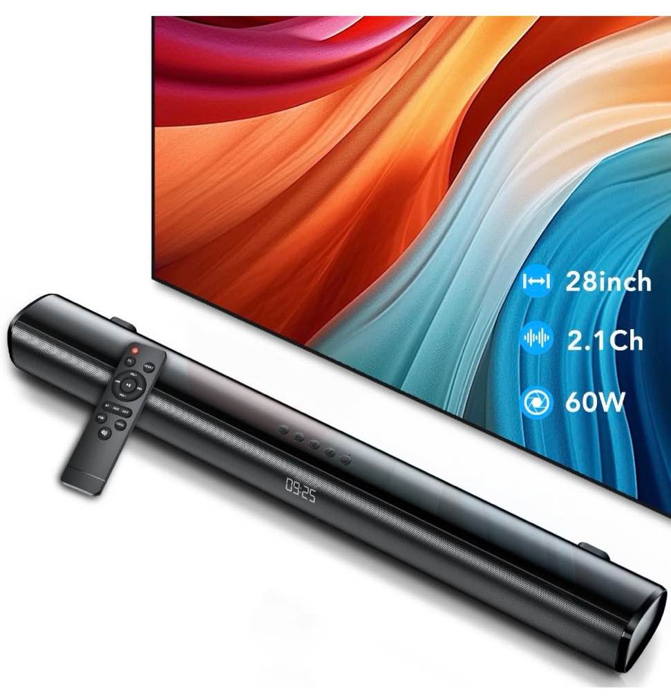 sound bar for tv, 60w soundbar tv speakers, 2.1 ch home theater with subwoofer boost, 3 equalizer modes, soundbar for tv/pc/gaming/projectors, bluetooth, opt, cox, usb & aux wall mountable