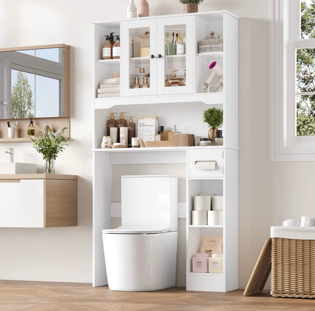 homfa over the toilet storage cabinet with toilet paper holder stand, above toilet organizer with glass doors, behind toilet shelf for restroom, bathroom, laundry, white