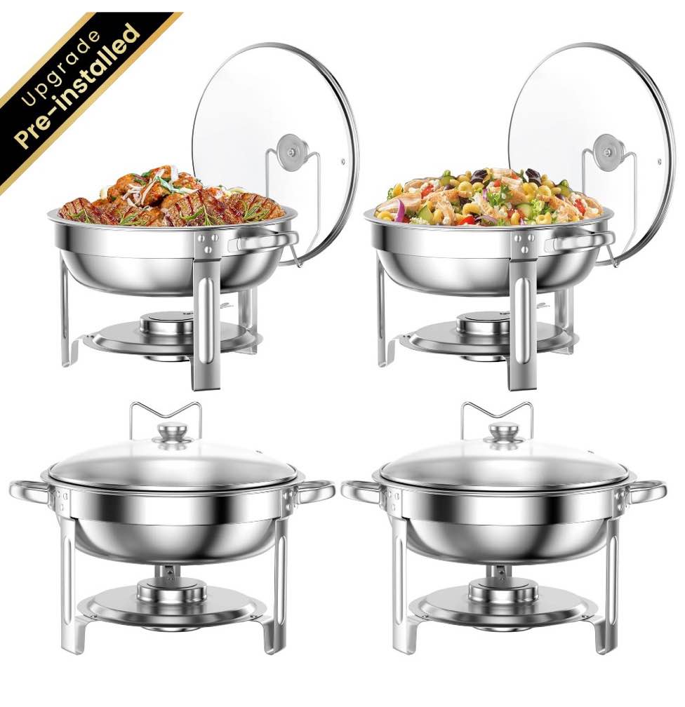 chafing dish buffet set 4 pack: tinana 5qt stainless steel chafing dishes for buffet with glass lid & lid holder  round chafers and buffet warmers sets for parties  events  wedding  camping  dinner