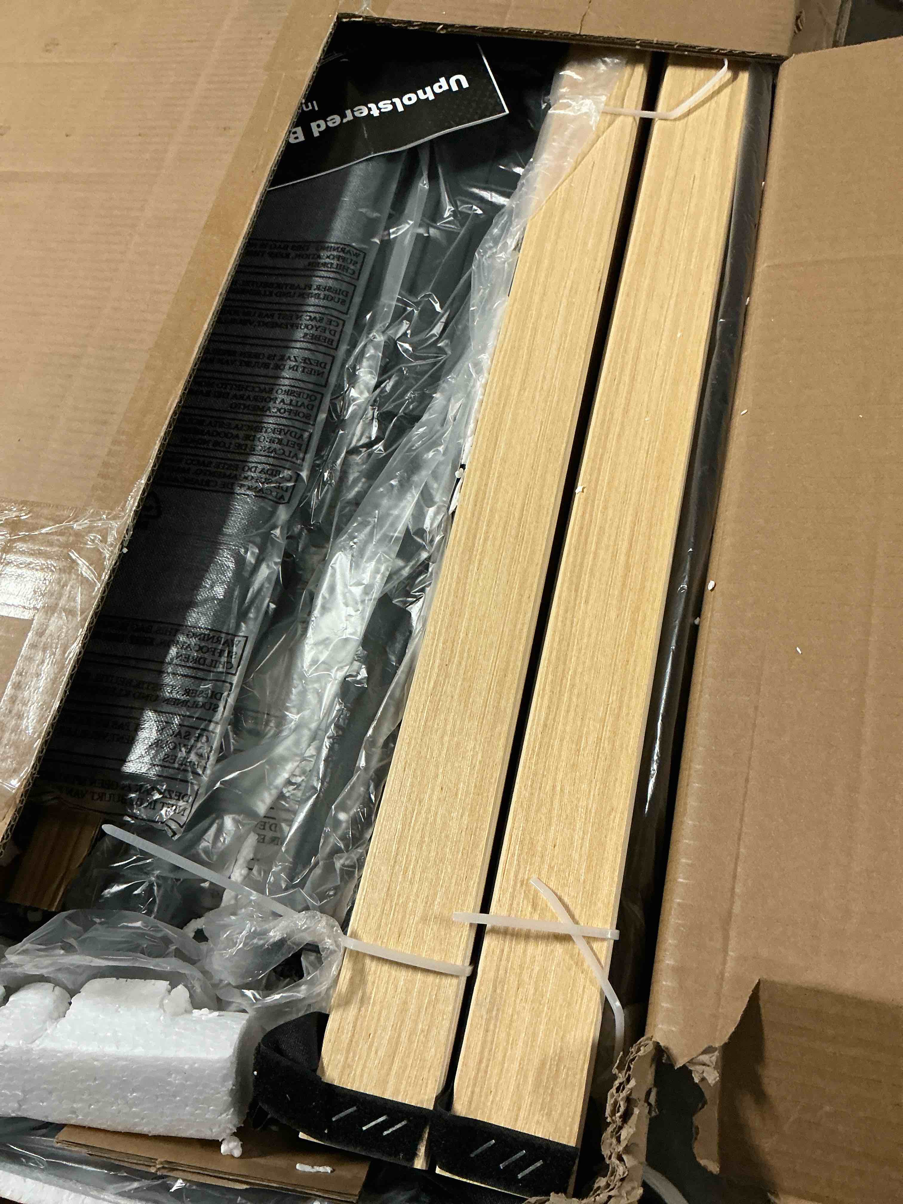 Condition photo showing New/Like New for edx full size platform bed frame, fully upholstered mattress foundationwith fabric upholstered headboard and wooden slats support, no box spring needed, grey