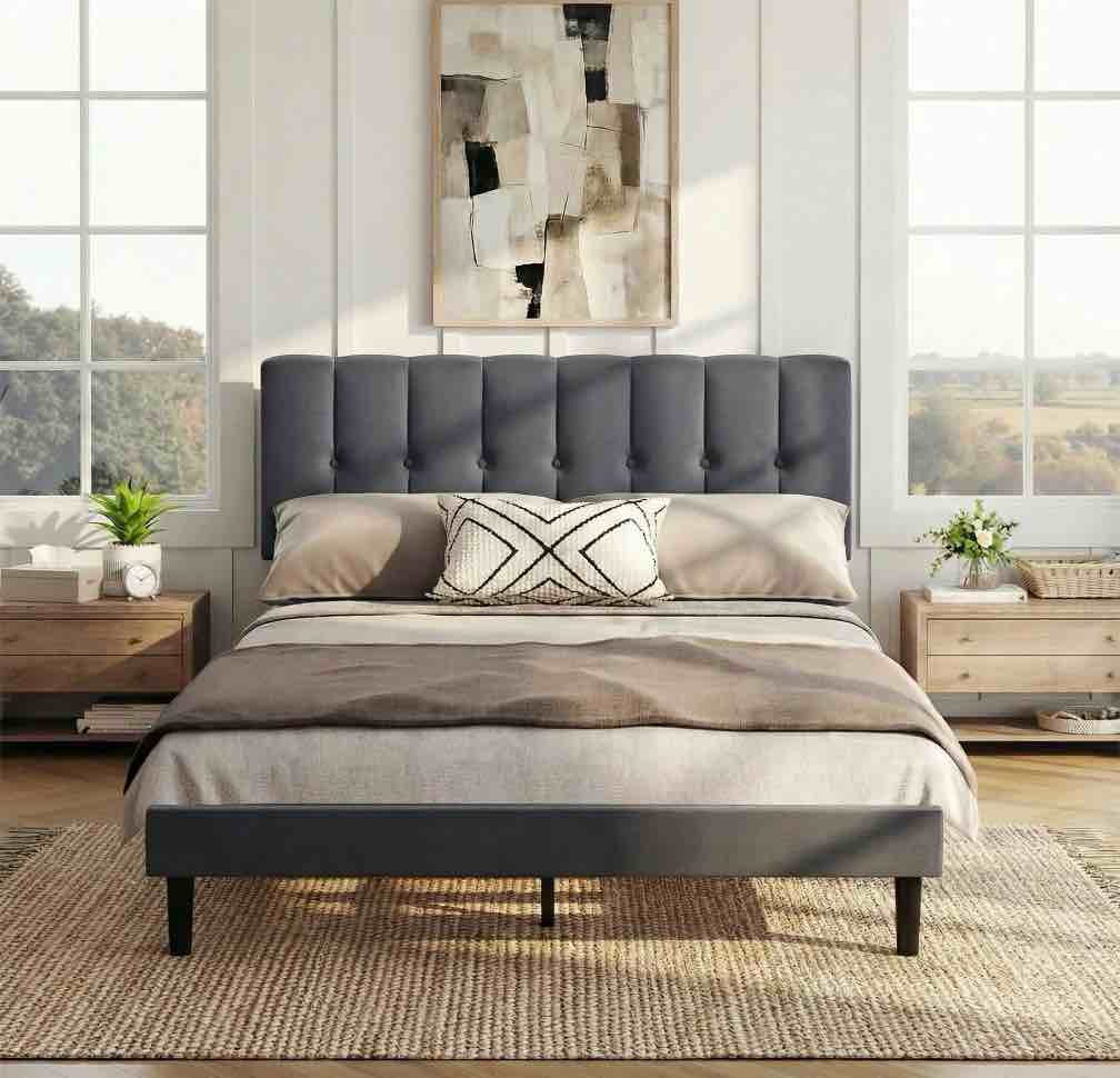 edx full size platform bed frame, fully upholstered mattress foundationwith fabric upholstered headboard and wooden slats support, no box spring needed, grey