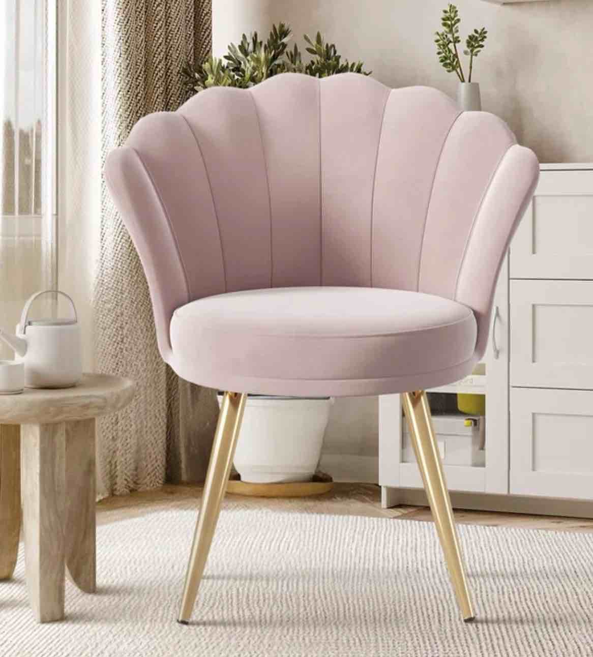 Daluvenix Velvet Accent Chair with Gold Metal Legs, Shell Design Vanity Makeup Chair for Living room, Modern Upholstered Guest Chair, Pink
