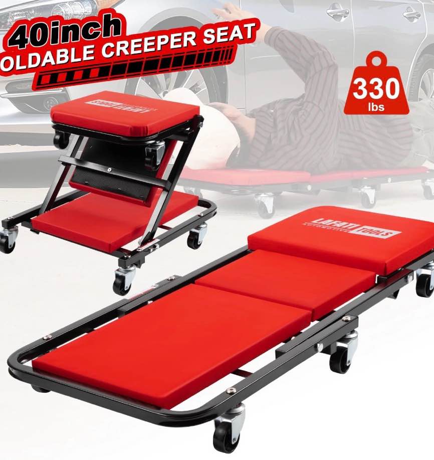 40 inch Foldable Creeper Seat  2 in 1 Rolling Folding Car Creeper/Stool  6 Pcs 2  Casters  330 Lbs Weight Capacity Wheels for Garage Shop Auto Repair Lay Down or Sit(Red)