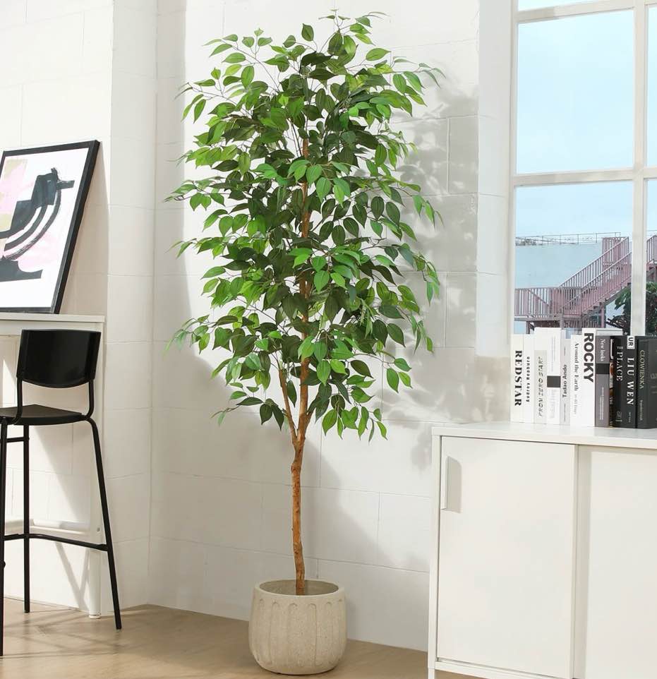 6FT Artificial Ficus Tree with Natural Wood Trunk and Lifelike Leaves, Silk Fake Potted Tree with Wood Branches, Faux Tree for Office Home Decor