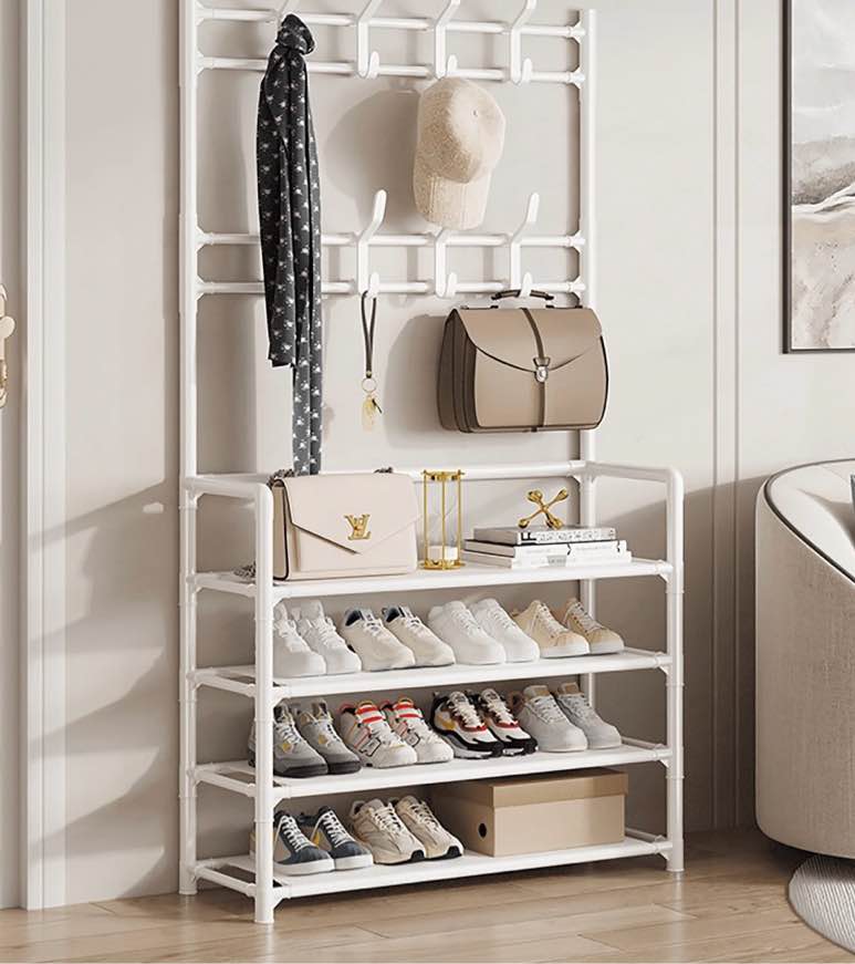 HioHa Coat and Shoe Rack, Hall Tree for Entryway with 4-Tier Storage Shelves,Storage Organizer with 8 Hooks for Bedroom, Hallway, Office, White