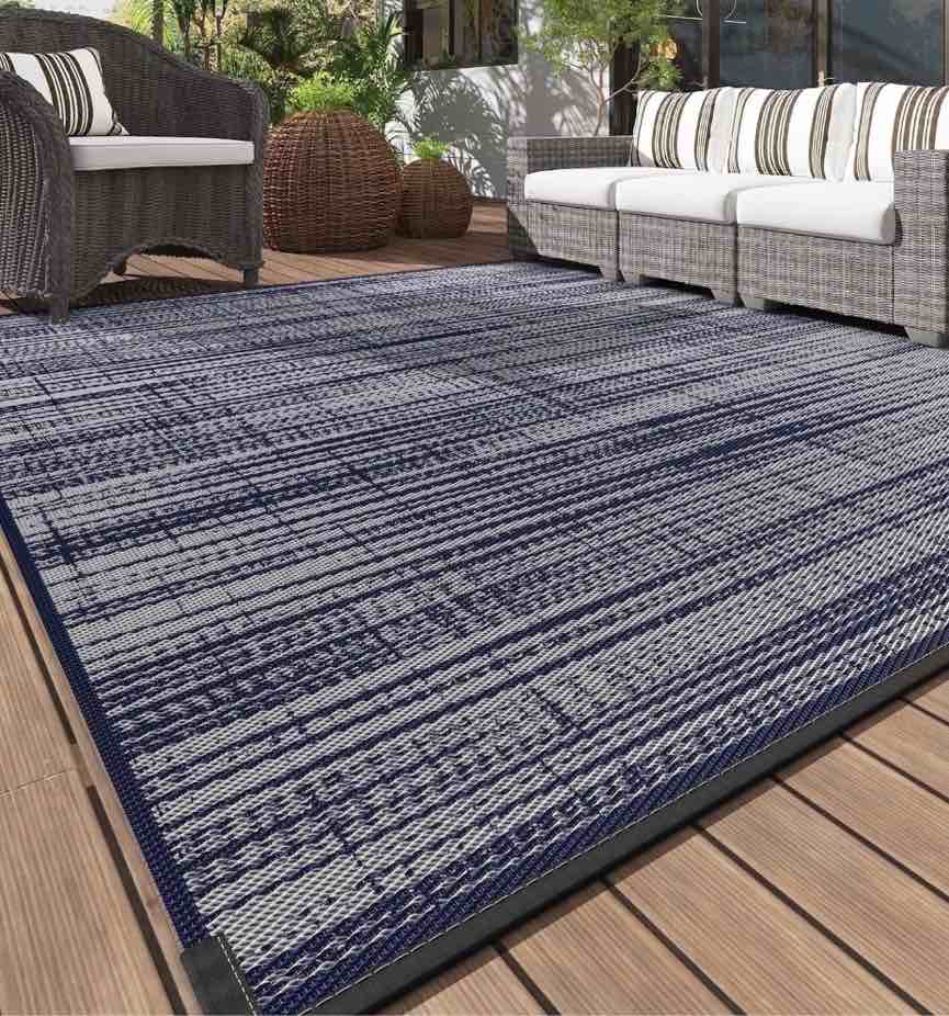 VUNATE Outdoor Rug Carpet 9 x12  Waterproof Reversible Patio Rug Portable Modern Abstract Indoor Outdoor Rug Plastic Straw Rug for RV Camping Garden Picnic Deck Backyard Porch Decor Blue and Gray